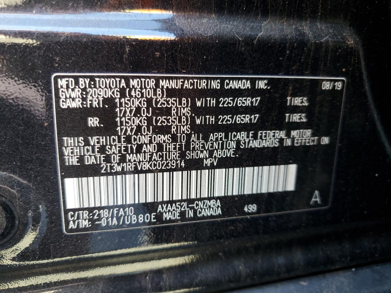 2019 Toyota Rav4 Xle VIN: 2T3W1RFV8KC023914 Lot: 55109225