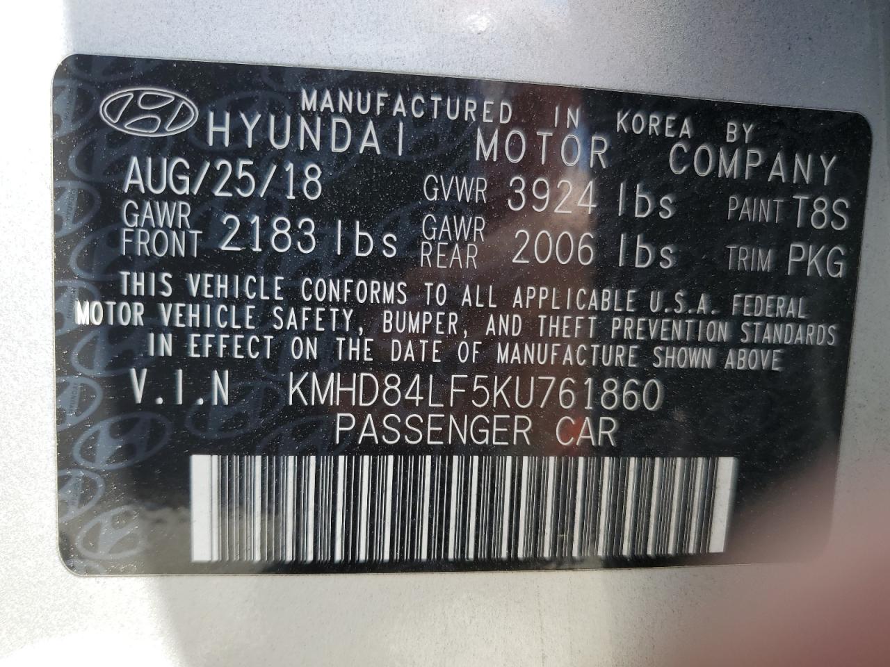 2019 Hyundai Elantra Sel VIN: KMHD84LF5KU761860 Lot: 54647245