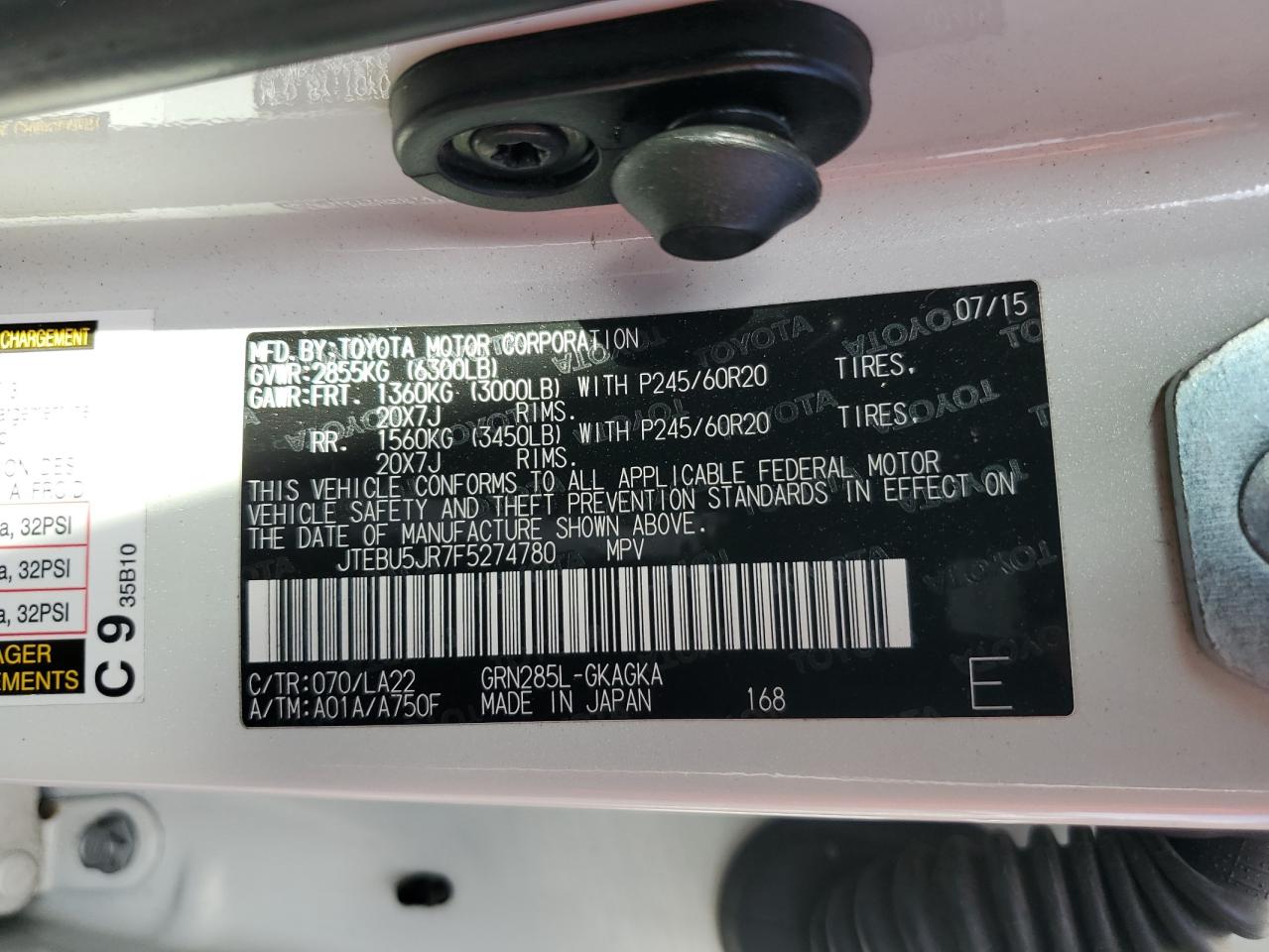 2015 Toyota 4Runner Sr5 VIN: JTEBU5JR7F5274780 Lot: 50302435