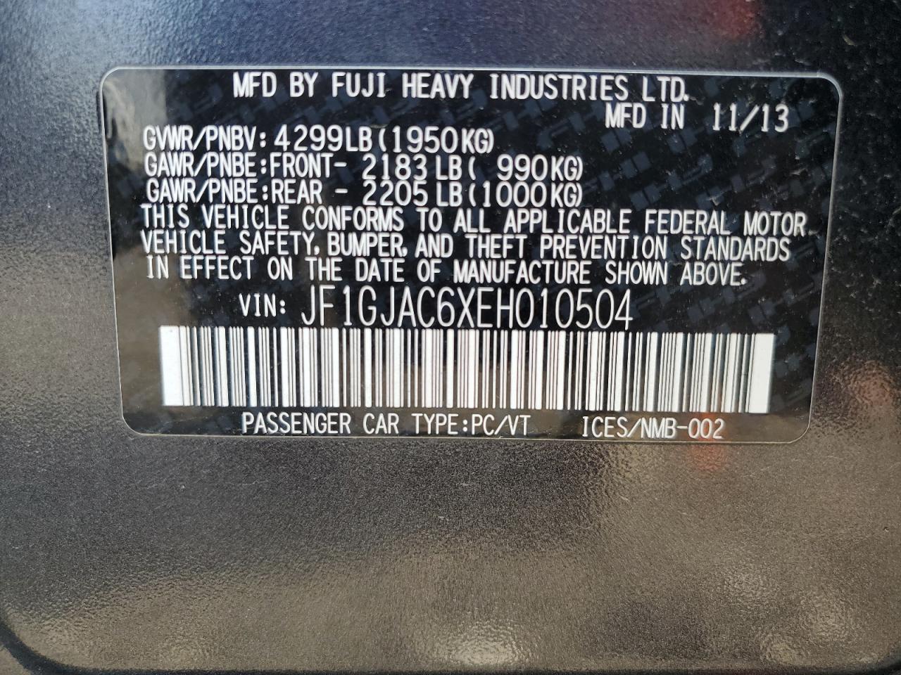 2014 Subaru Impreza Premium VIN: JF1GJAC6XEH010504 Lot: 54093985