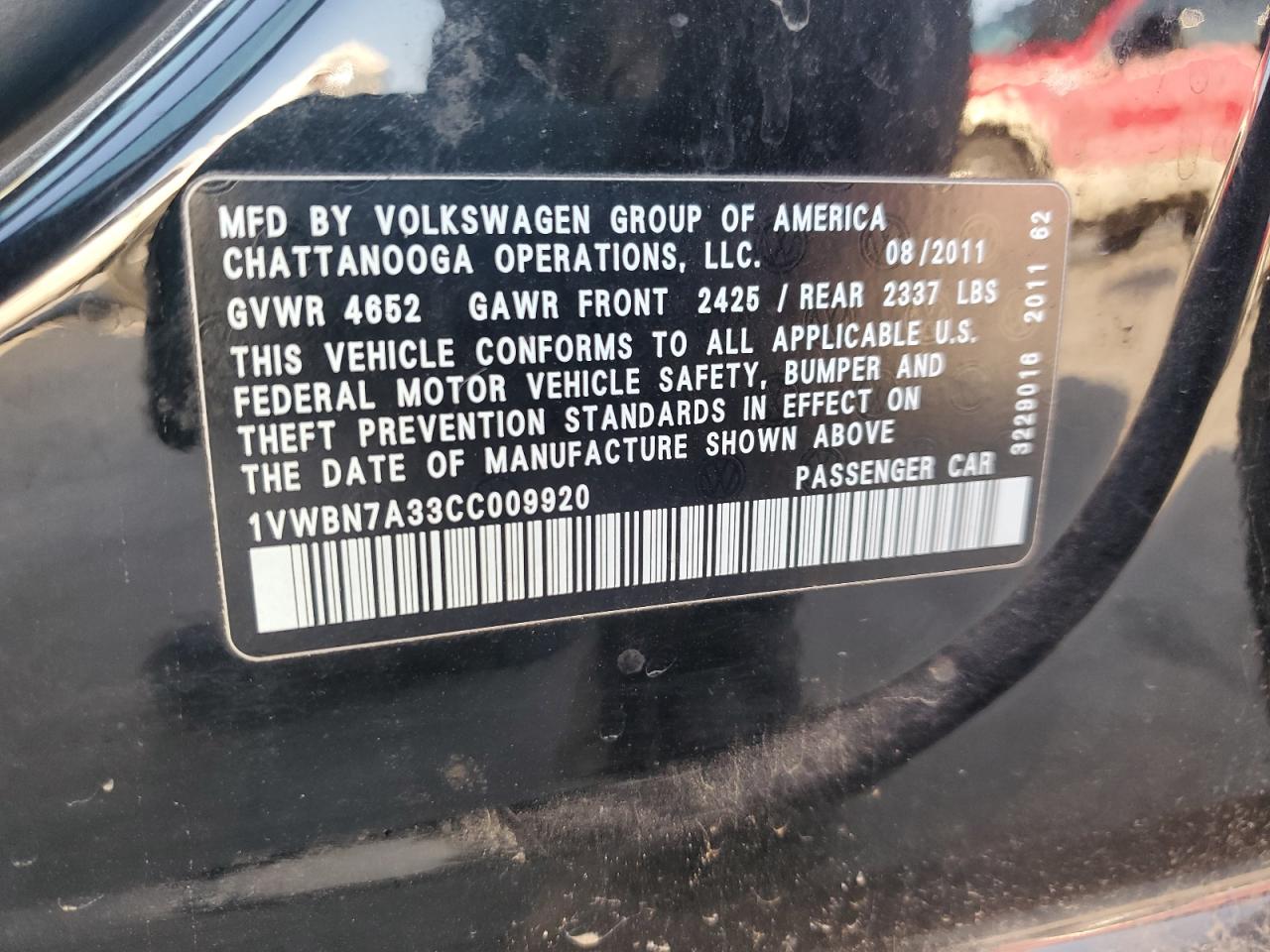 2012 Volkswagen Passat Se VIN: 1VWBN7A33CC009920 Lot: 52312565