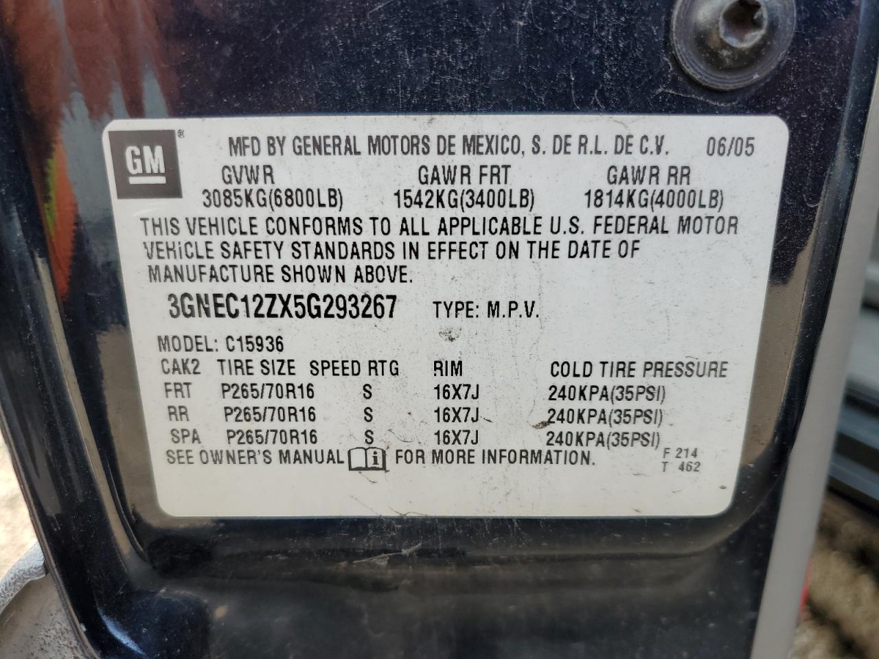 2005 Chevrolet Avalanche C1500 VIN: 3GNEC12ZX5G293267 Lot: 54373905