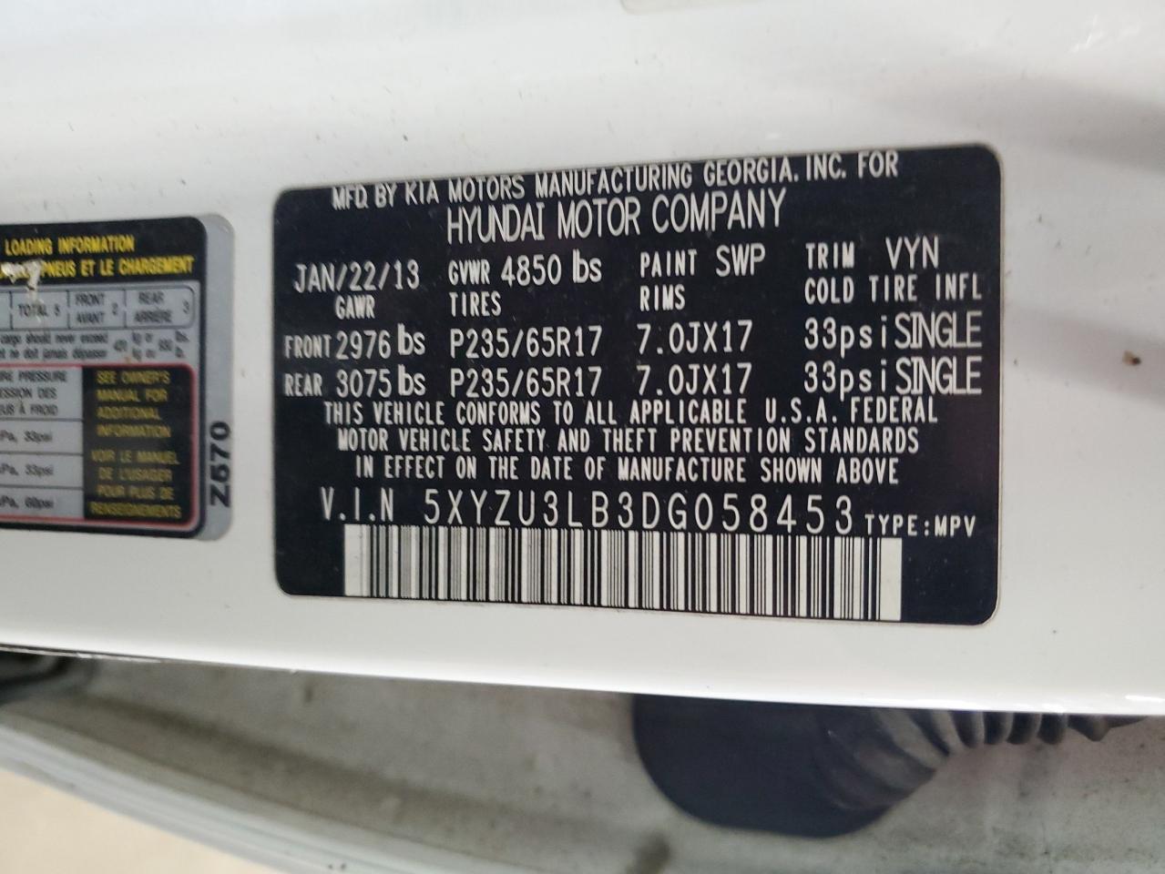 2013 Hyundai Santa Fe Sport VIN: 5XYZU3LB3DG058453 Lot: 55168975