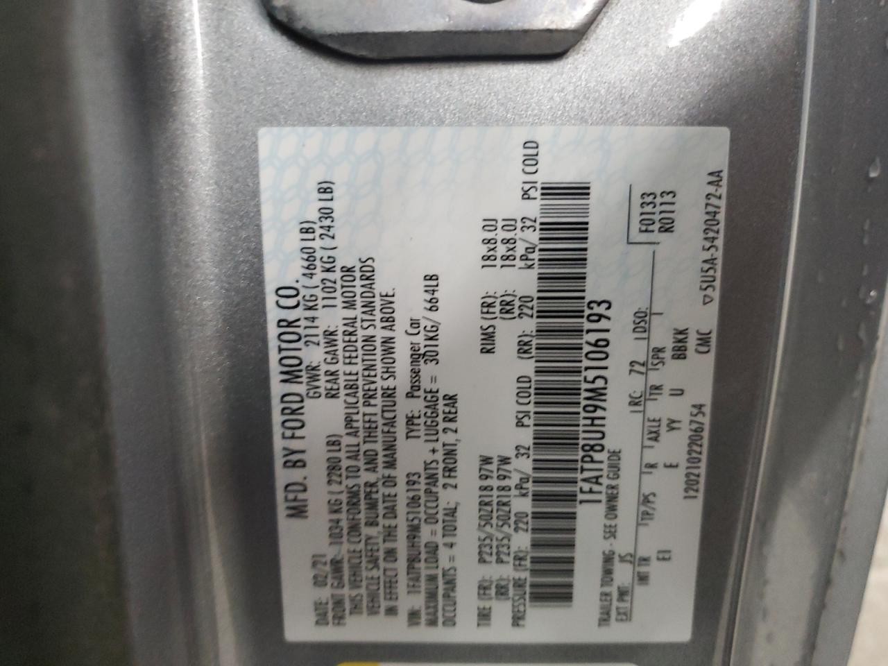 2021 Ford Mustang VIN: 1FATP8UH9M5106193 Lot: 54511265