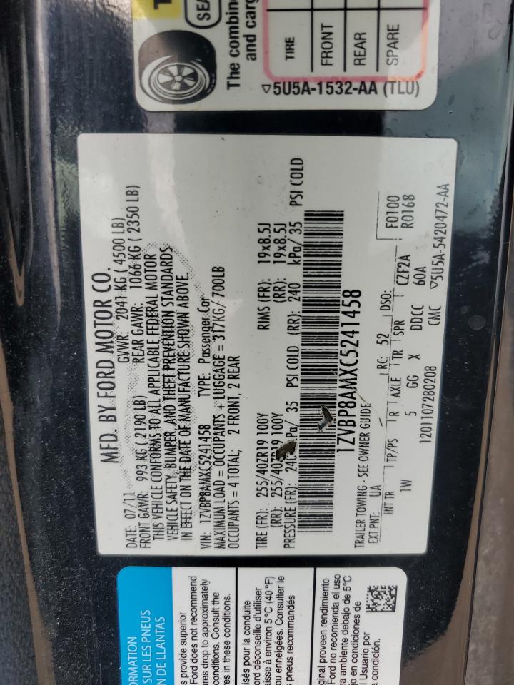 2012 Ford Mustang VIN: 1ZVBP8AMXC5241458 Lot: 86630755