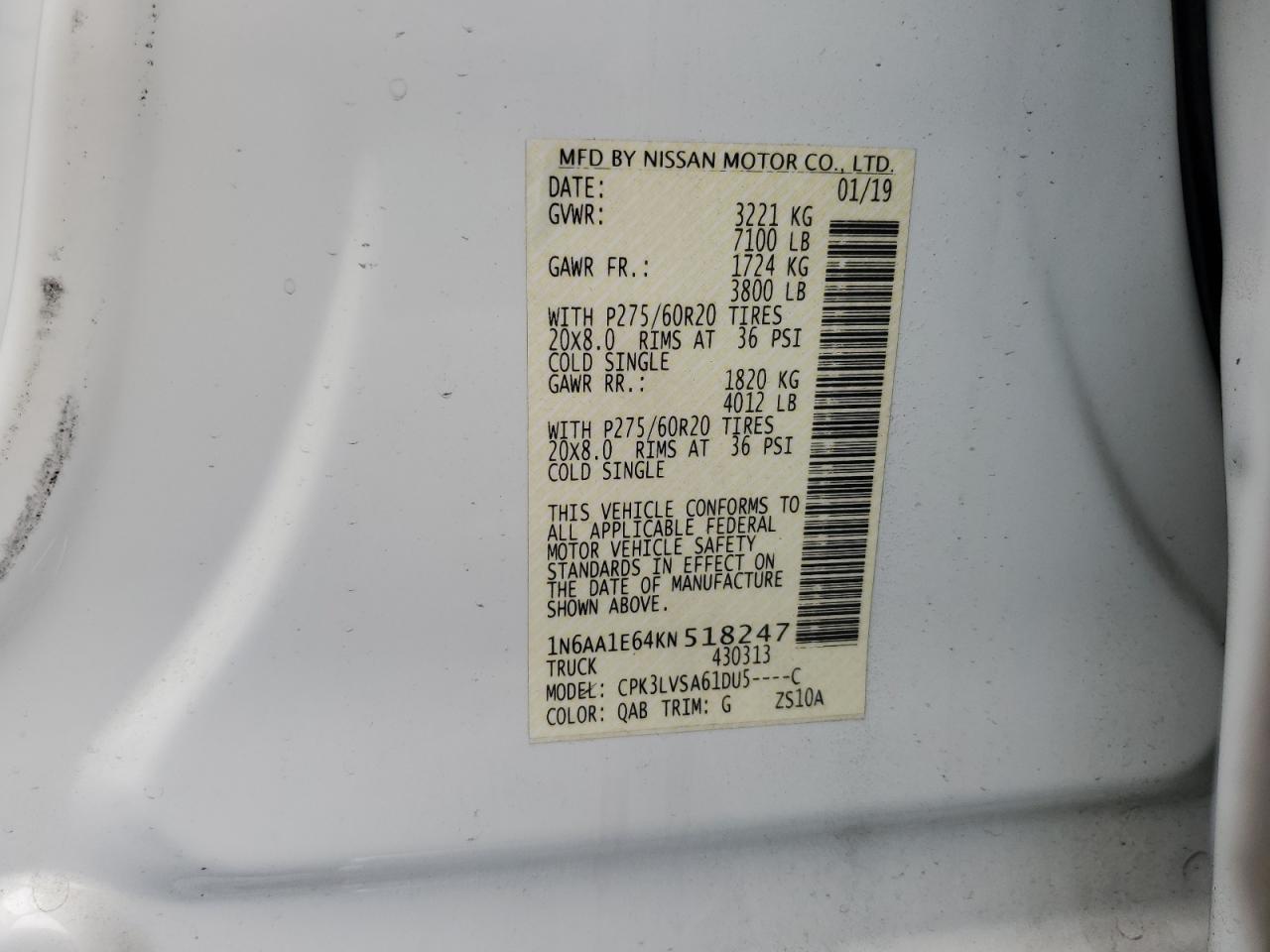 2019 Nissan Titan Platinum Reserve VIN: 1N6AA1E64KN518247 Lot: 54775615