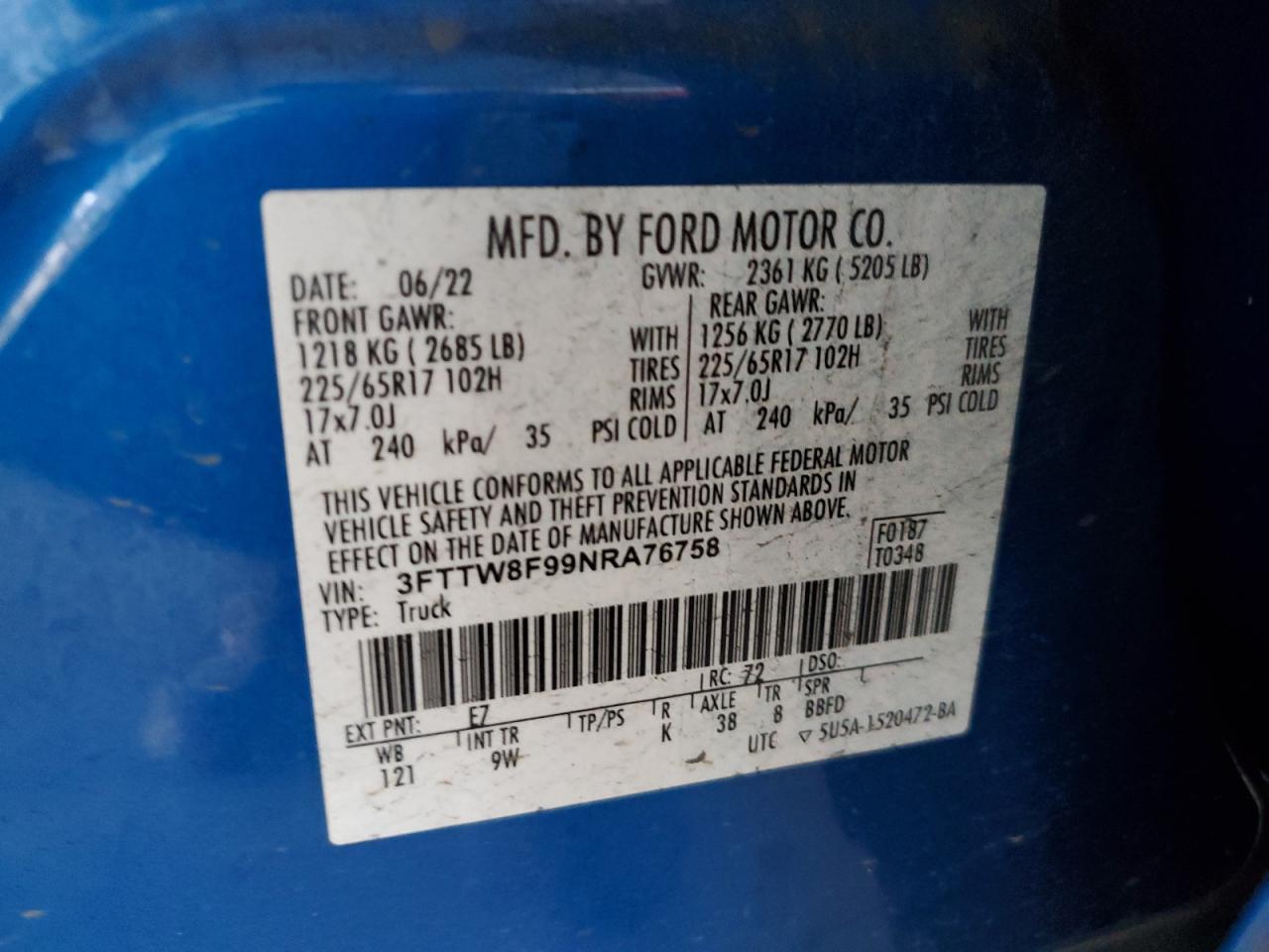 2022 Ford Maverick Xl VIN: 3FTTW8F99NRA76758 Lot: 52827305