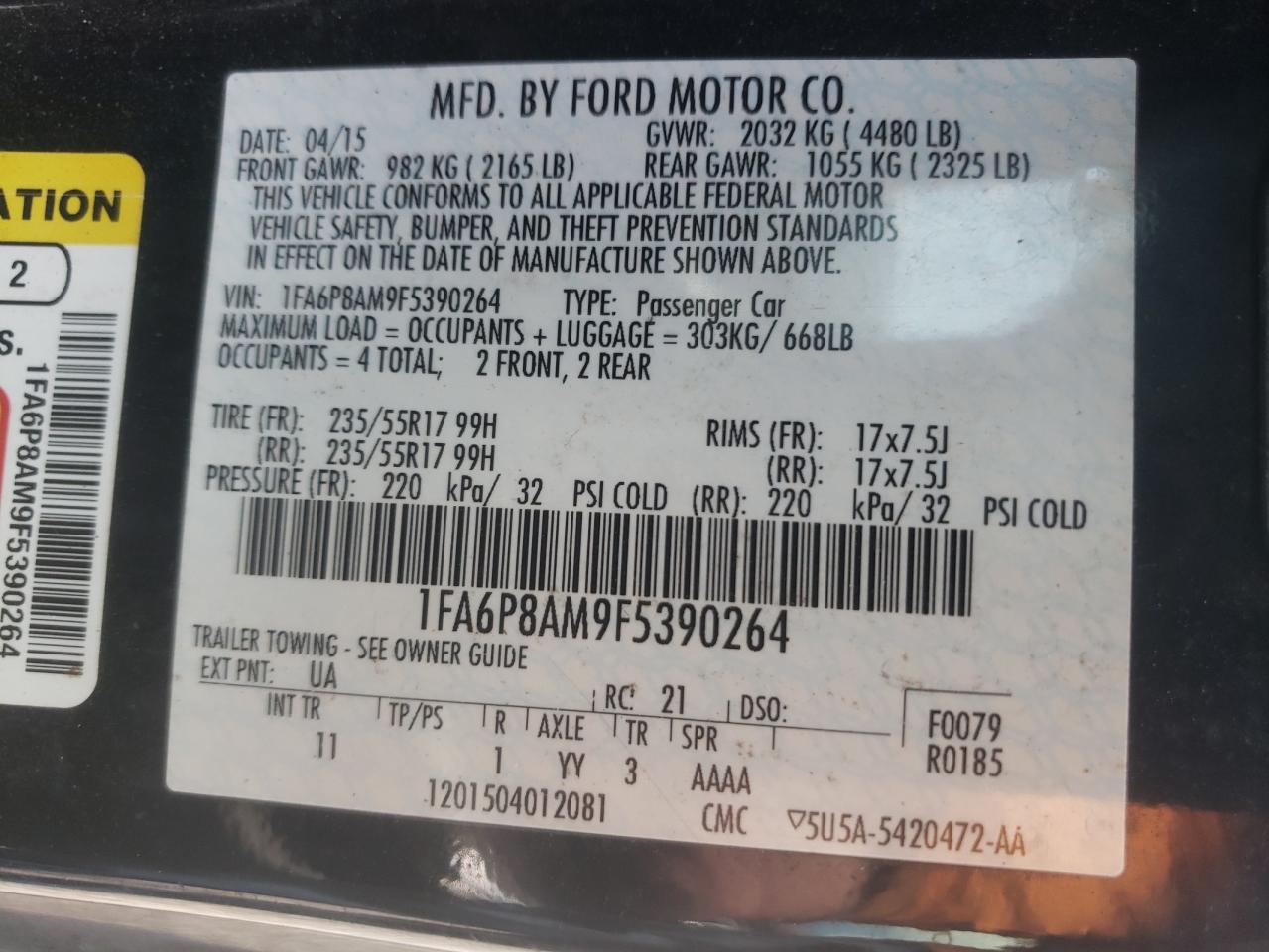 2015 Ford Mustang VIN: 1FA6P8AM9F5390264 Lot: 52150175