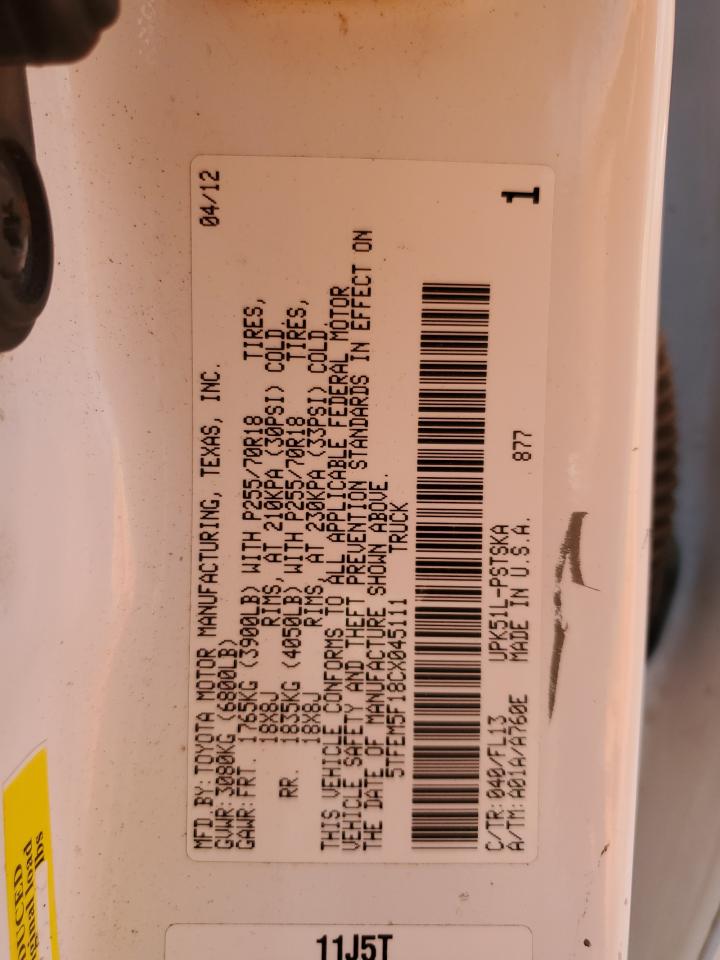 2012 Toyota Tundra Crewmax Sr5 VIN: 5TFEM5F18CX045111 Lot: 52043585