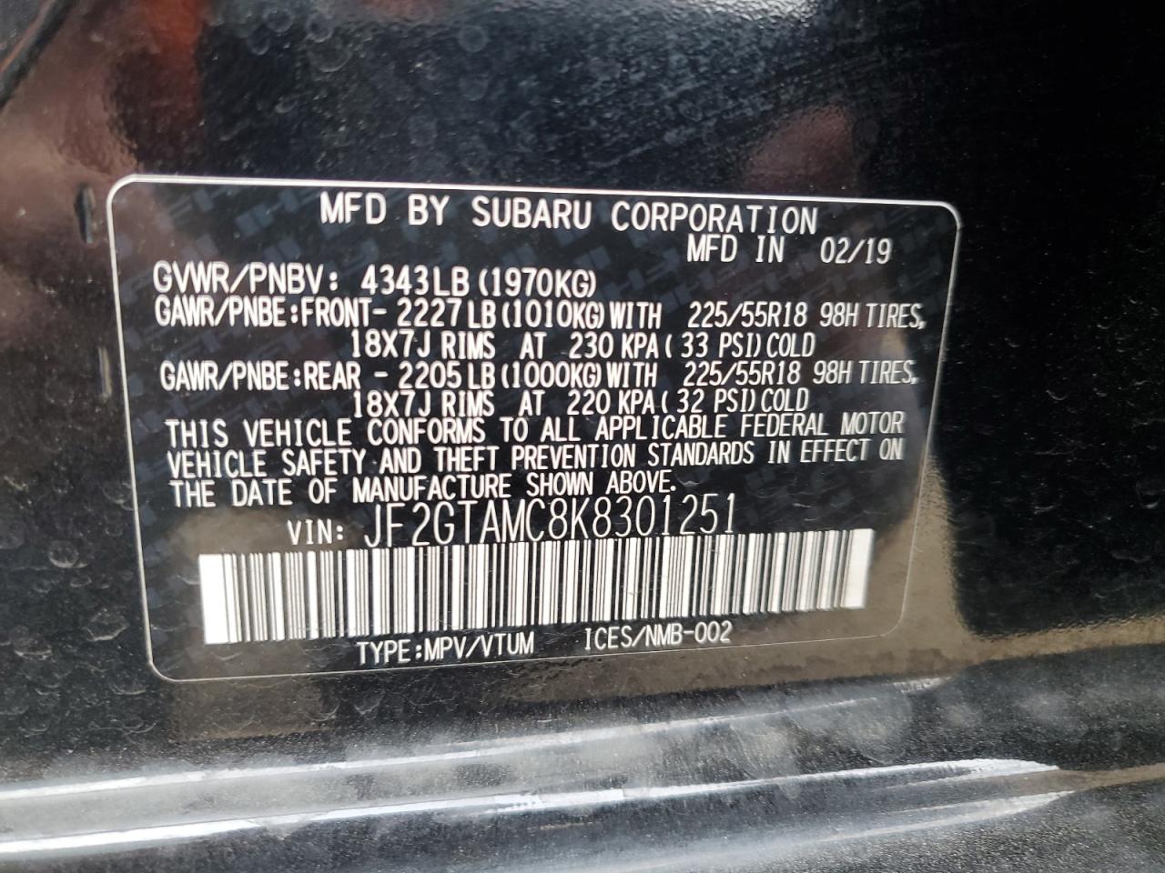 2019 Subaru Crosstrek Limited VIN: JF2GTAMC8K8301251 Lot: 53300375