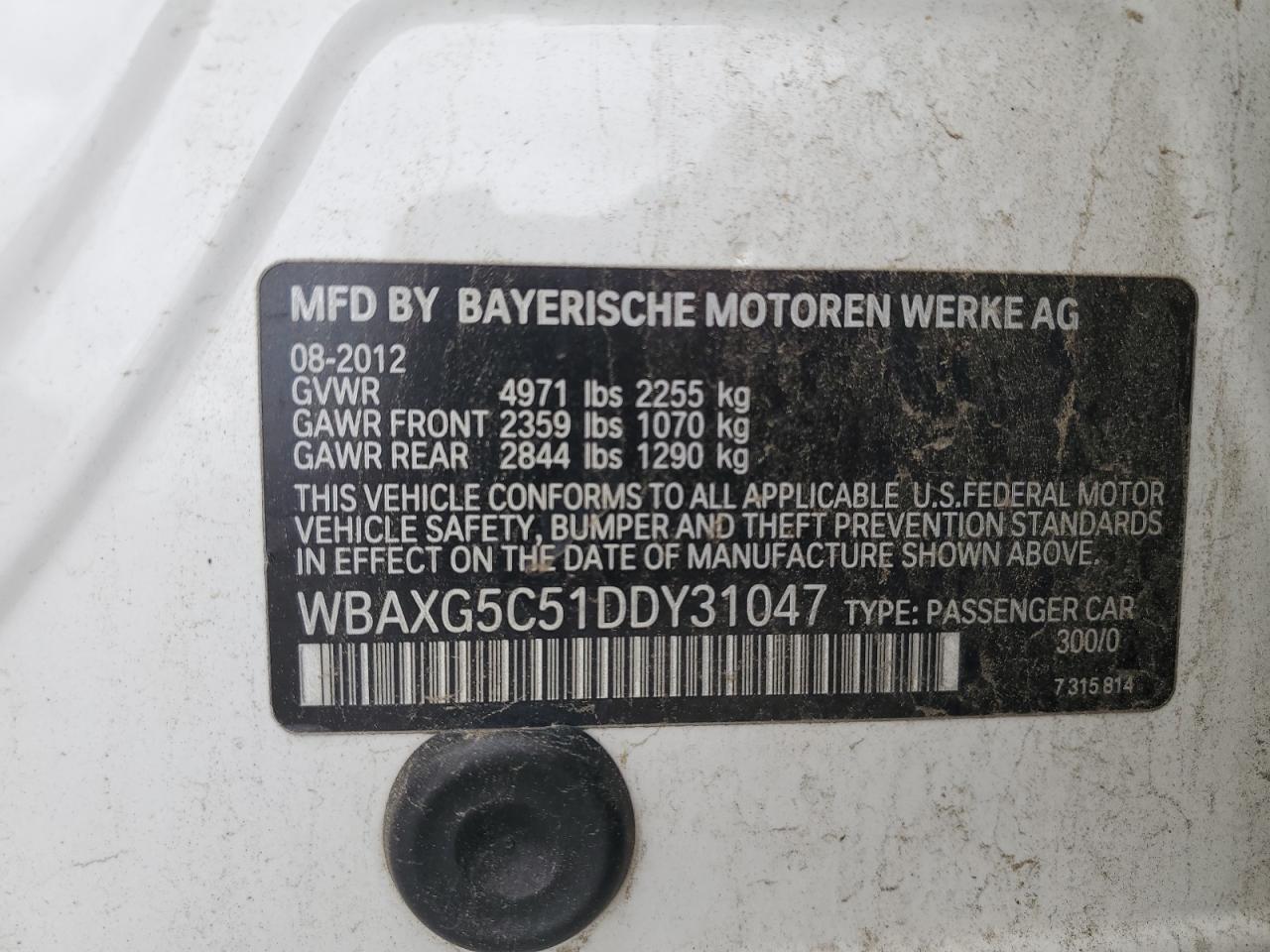 2013 BMW 528 I VIN: WBAXG5C51DDY31047 Lot: 52284695