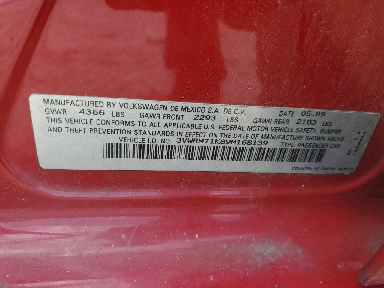 2009 Volkswagen Jetta Se VIN: 3VWRM71K89M168139 Lot: 55392795