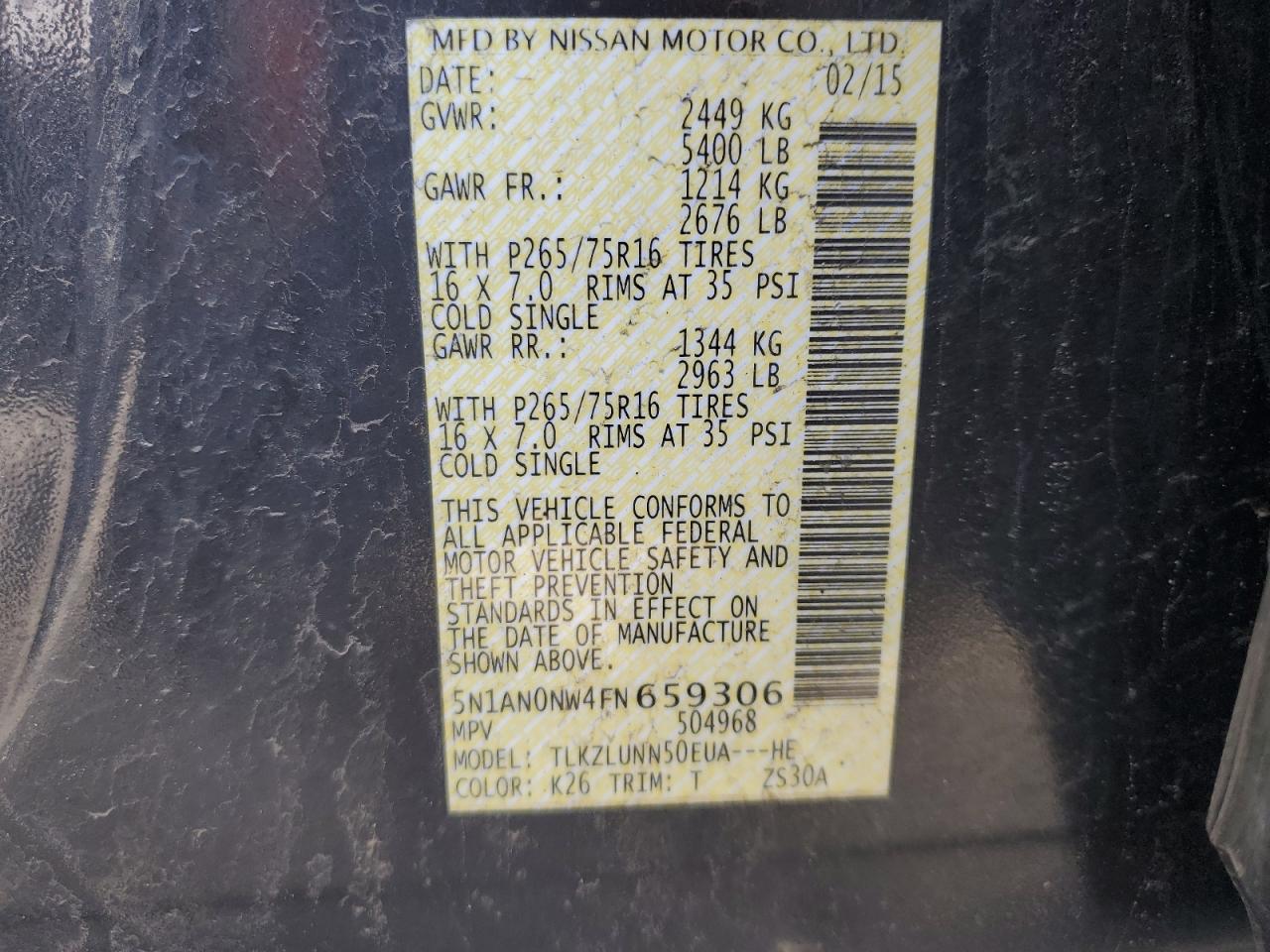 2015 Nissan Xterra X VIN: 5N1AN0NW4FN659306 Lot: 52568725