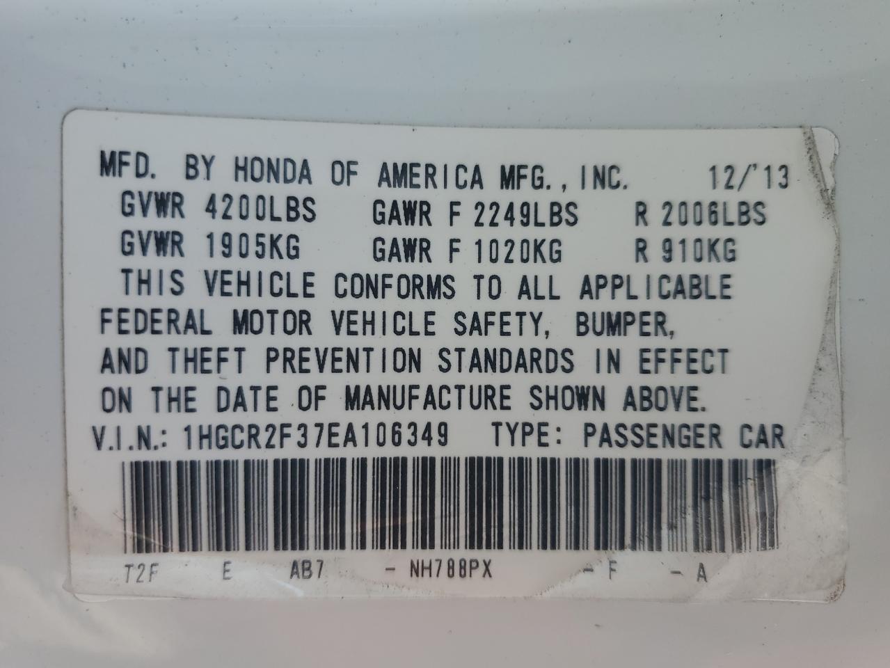 2014 Honda Accord Lx VIN: 1HGCR2F37EA106349 Lot: 54768185