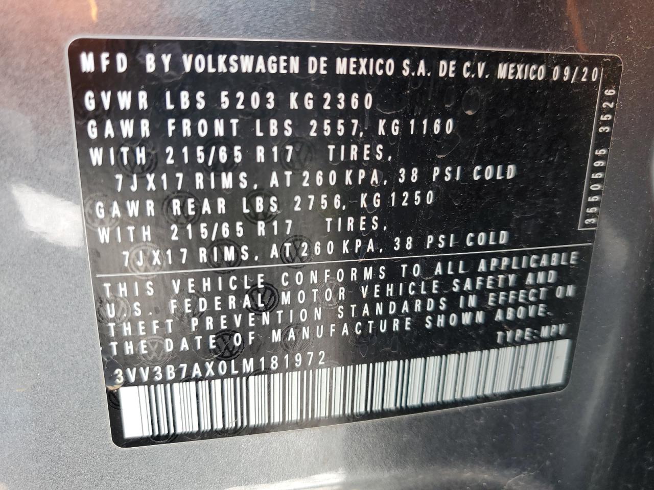2020 Volkswagen Tiguan Se VIN: 3VV3B7AX0LM181972 Lot: 52343955