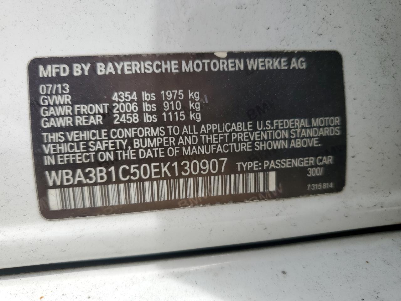 2014 BMW 320 I VIN: WBA3B1C50EK130907 Lot: 53980565