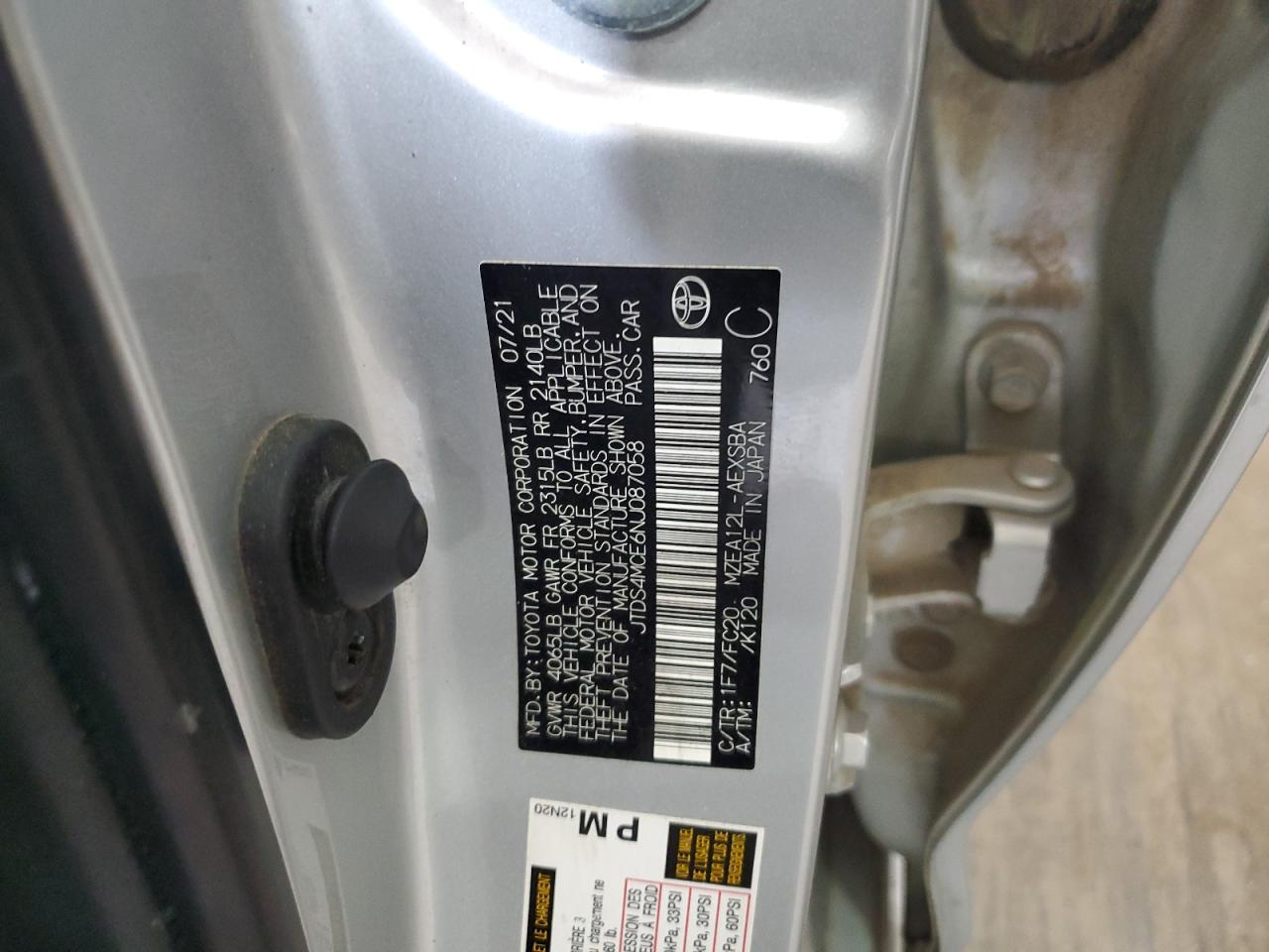 2022 Toyota Corolla Se VIN: JTDS4MCE6NJ087058 Lot: 54838615