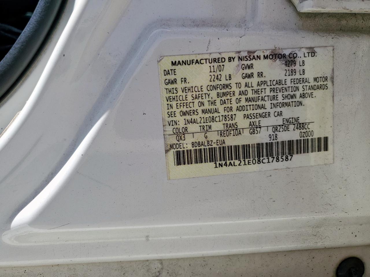 2008 Nissan Altima 2.5 VIN: 1N4AL21E08C178587 Lot: 51249205