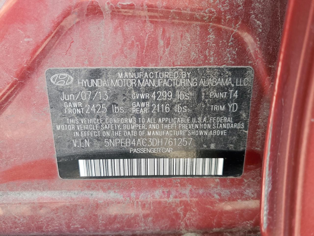 2013 Hyundai Sonata VIN: 5NPRB4AC3DH761257 Lot: 54093265