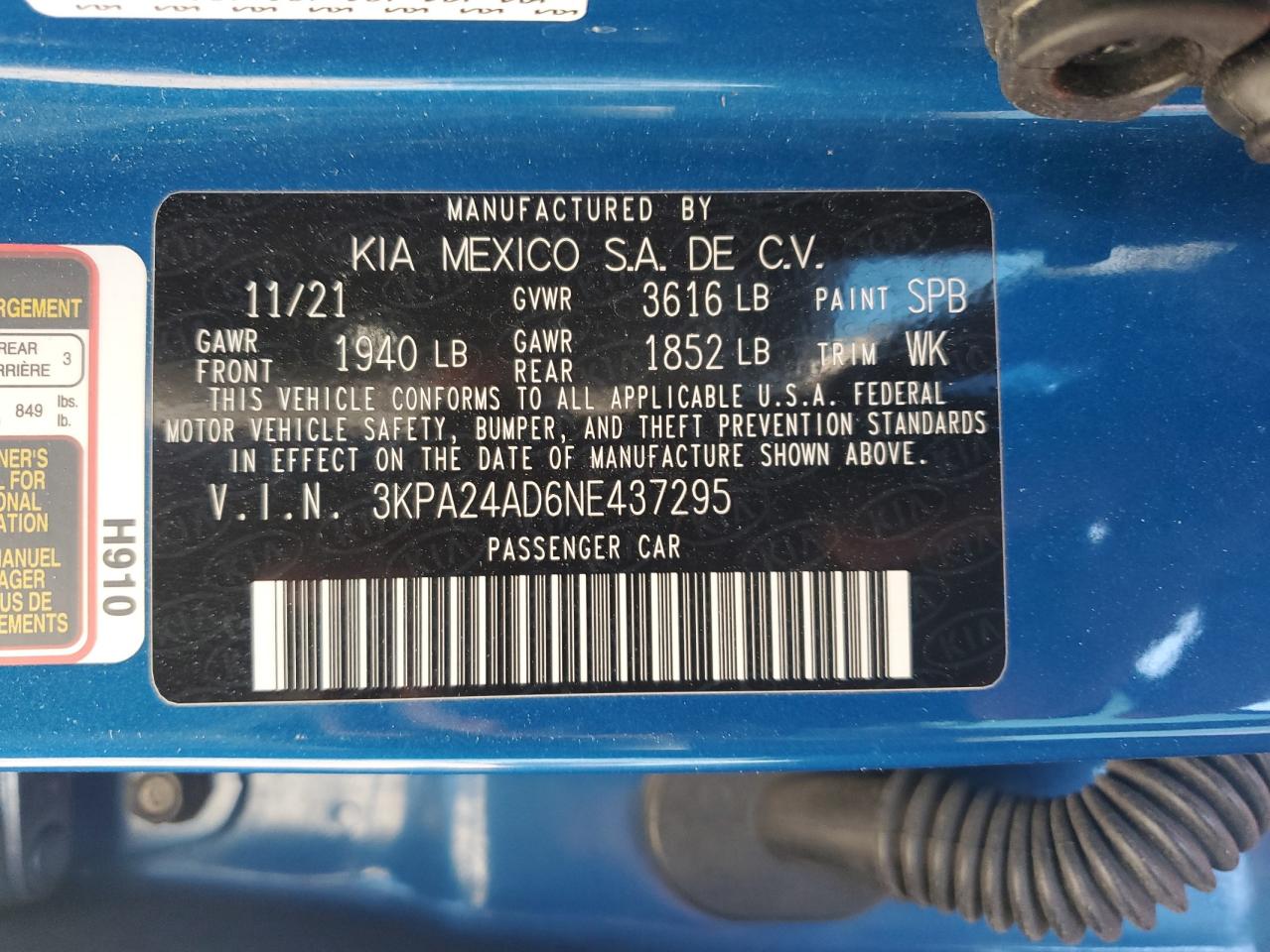 2022 Kia Rio Lx VIN: 3KPA24AD6NE437295 Lot: 52041905