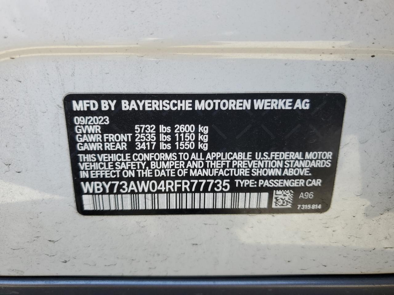 2024 BMW I4 Edrive 40 VIN: WBY73AW04RFR77735 Lot: 55122375