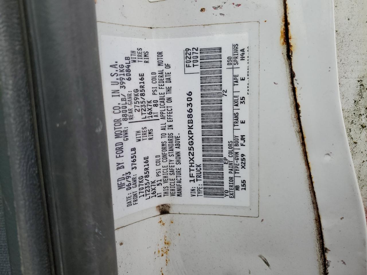 1993 Ford F250 VIN: 1FTHX25GXPKB86306 Lot: 52774325