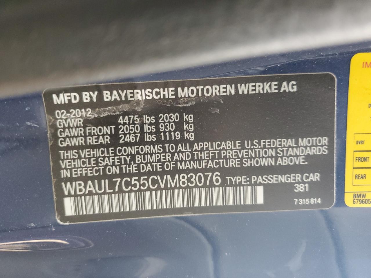 2012 BMW 128 I VIN: WBAUL7C55CVM83076 Lot: 53870865
