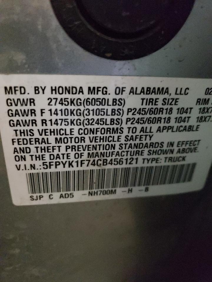 2012 Honda Ridgeline Sport VIN: 5FPYK1F74CB456121 Lot: 52828045