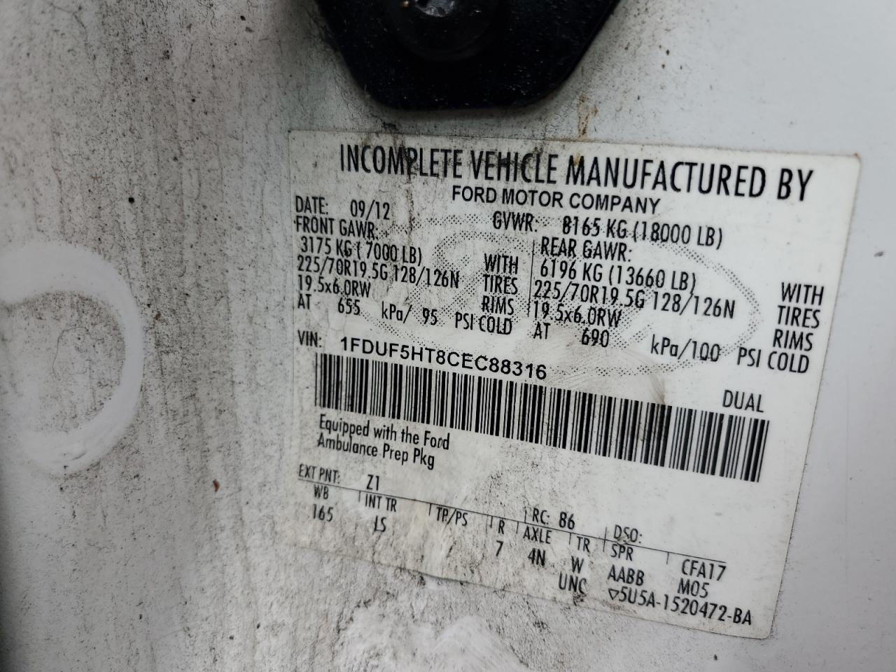 2012 Ford F550 Super Duty VIN: 1FDUF5HT8CEC88316 Lot: 54674225