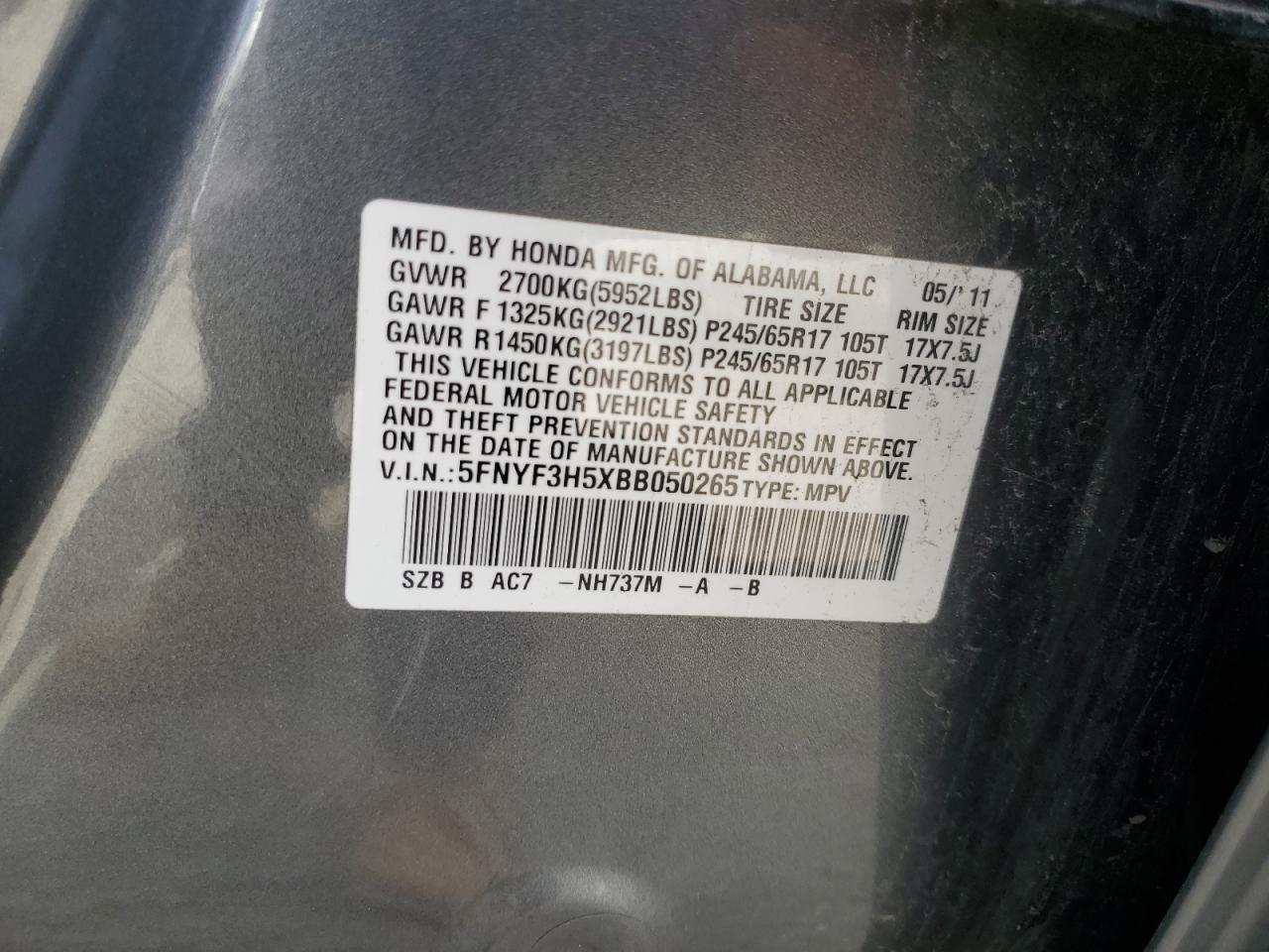 2011 Honda Pilot Exl VIN: 5FNYF3H5XBB050265 Lot: 54608195