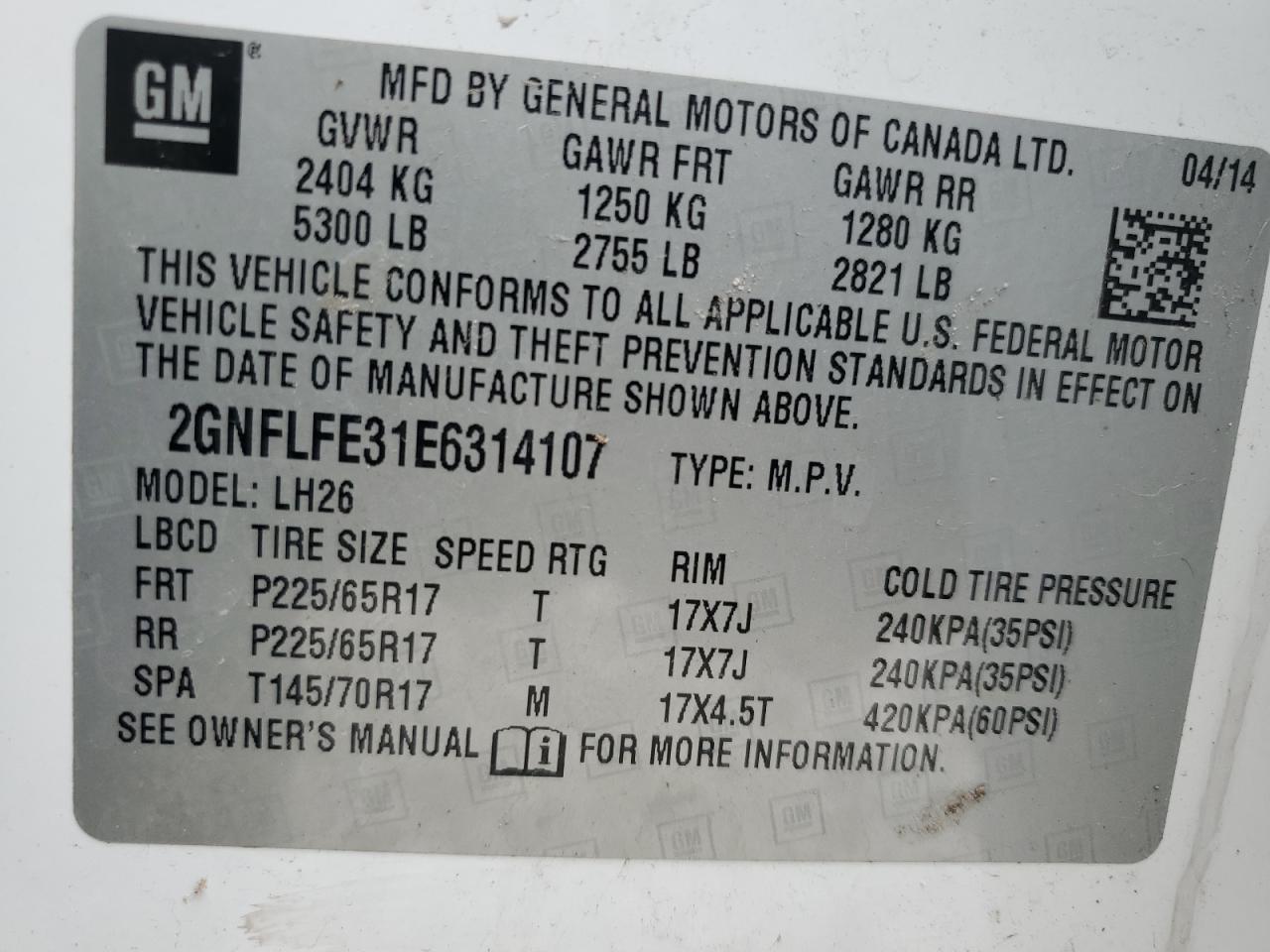 2014 Chevrolet Equinox Lt VIN: 2GNFLFE31E6314107 Lot: 52378655