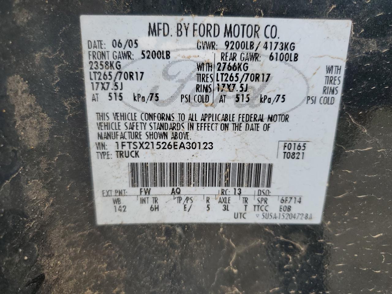 2006 Ford F250 Super Duty VIN: 1FTSX21526EA30123 Lot: 54406385