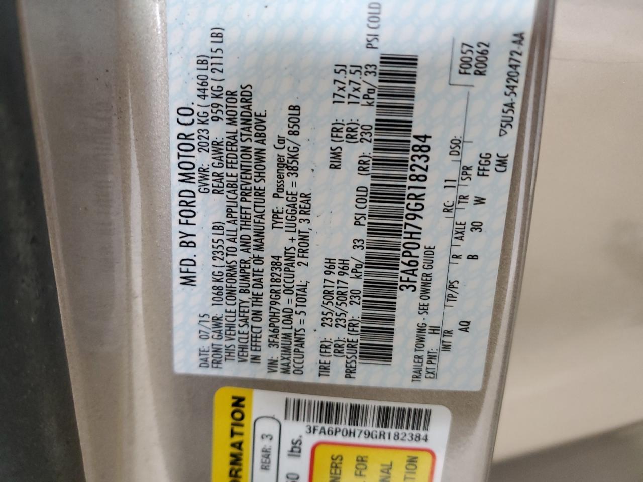 2016 Ford Fusion Se VIN: 3FA6P0H79GR182384 Lot: 53283895