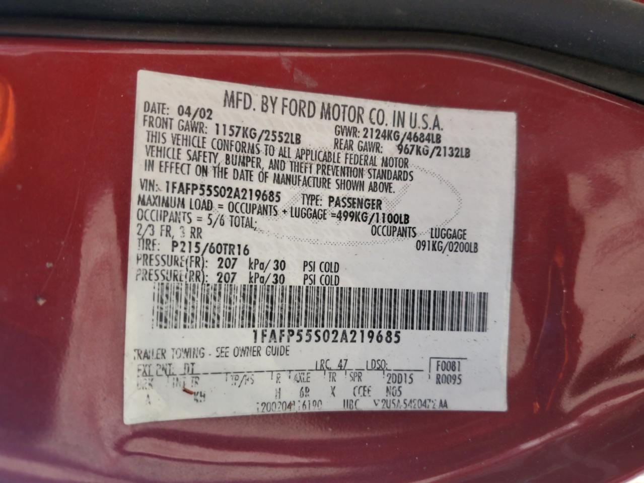 2002 Ford Taurus Ses VIN: 1FAFP55S02A219685 Lot: 52382425