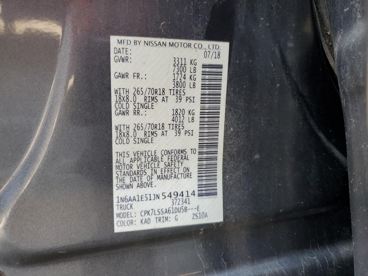 2018 Nissan Titan Sv VIN: 1N6AA1E51JN549414 Lot: 52756985