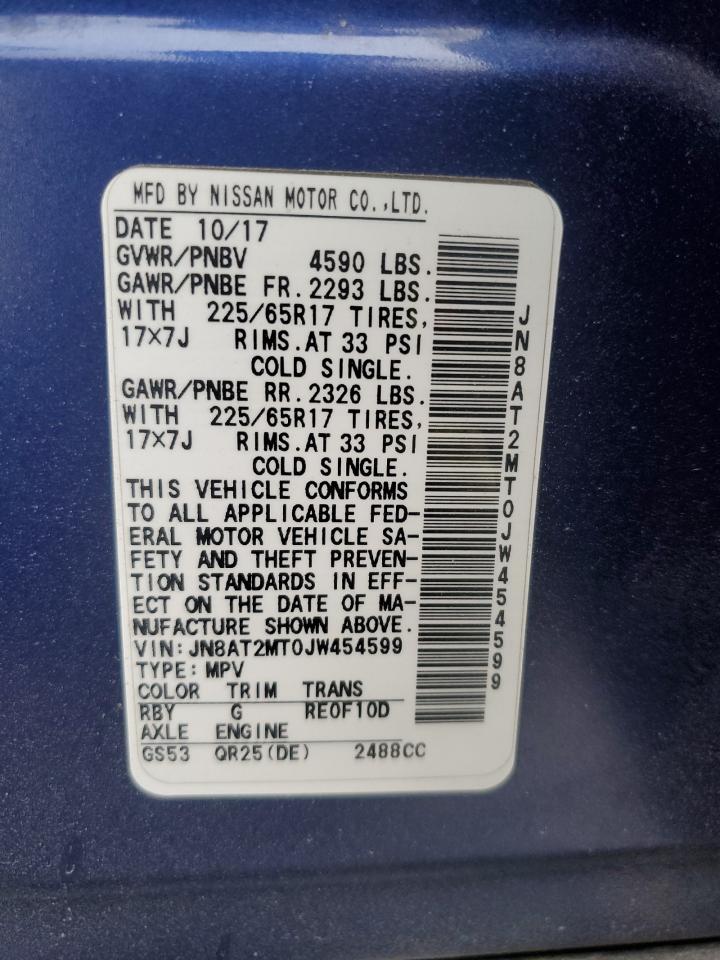 2018 Nissan Rogue S VIN: JN8AT2MT0JW454599 Lot: 53331725