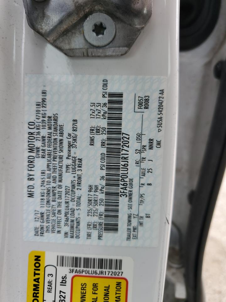 2018 Ford Fusion Se Hybrid VIN: 3FA6P0LU6JR172027 Lot: 54029385