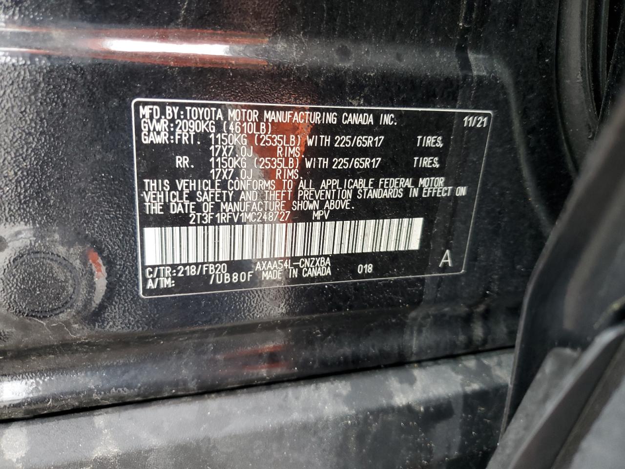 2021 Toyota Rav4 Le VIN: 2T3F1RFV1MC248727 Lot: 55062045