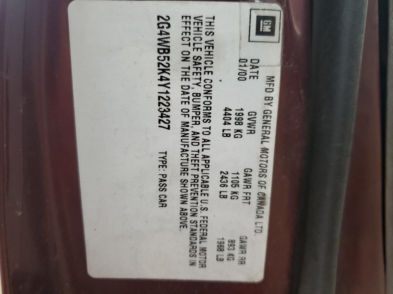 2000 Buick Regal Ls VIN: 2G4WB52K4Y1223427 Lot: 54939795