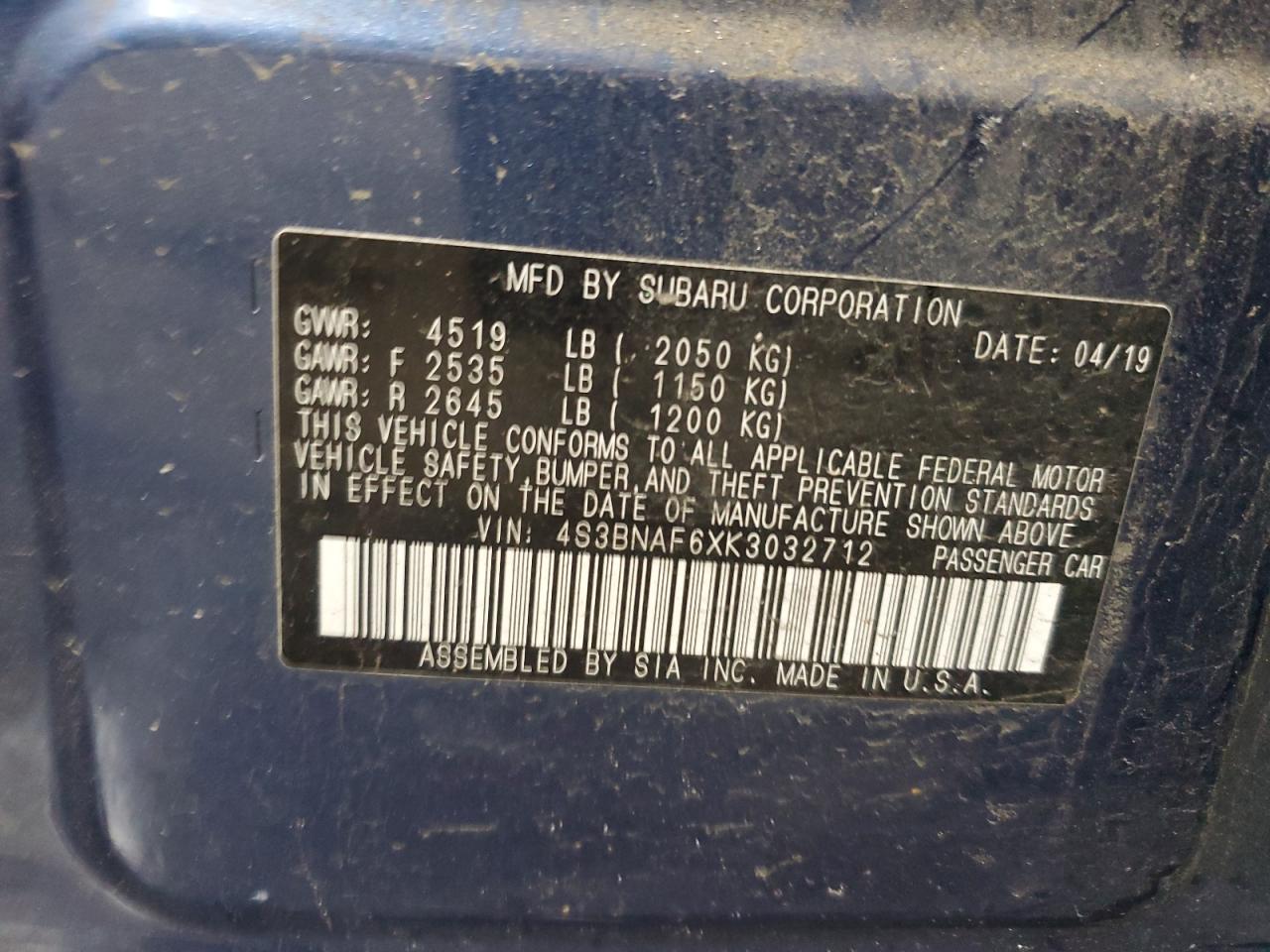 2019 Subaru Legacy 2.5I Premium VIN: 4S3BNAF6XK3032712 Lot: 54192845