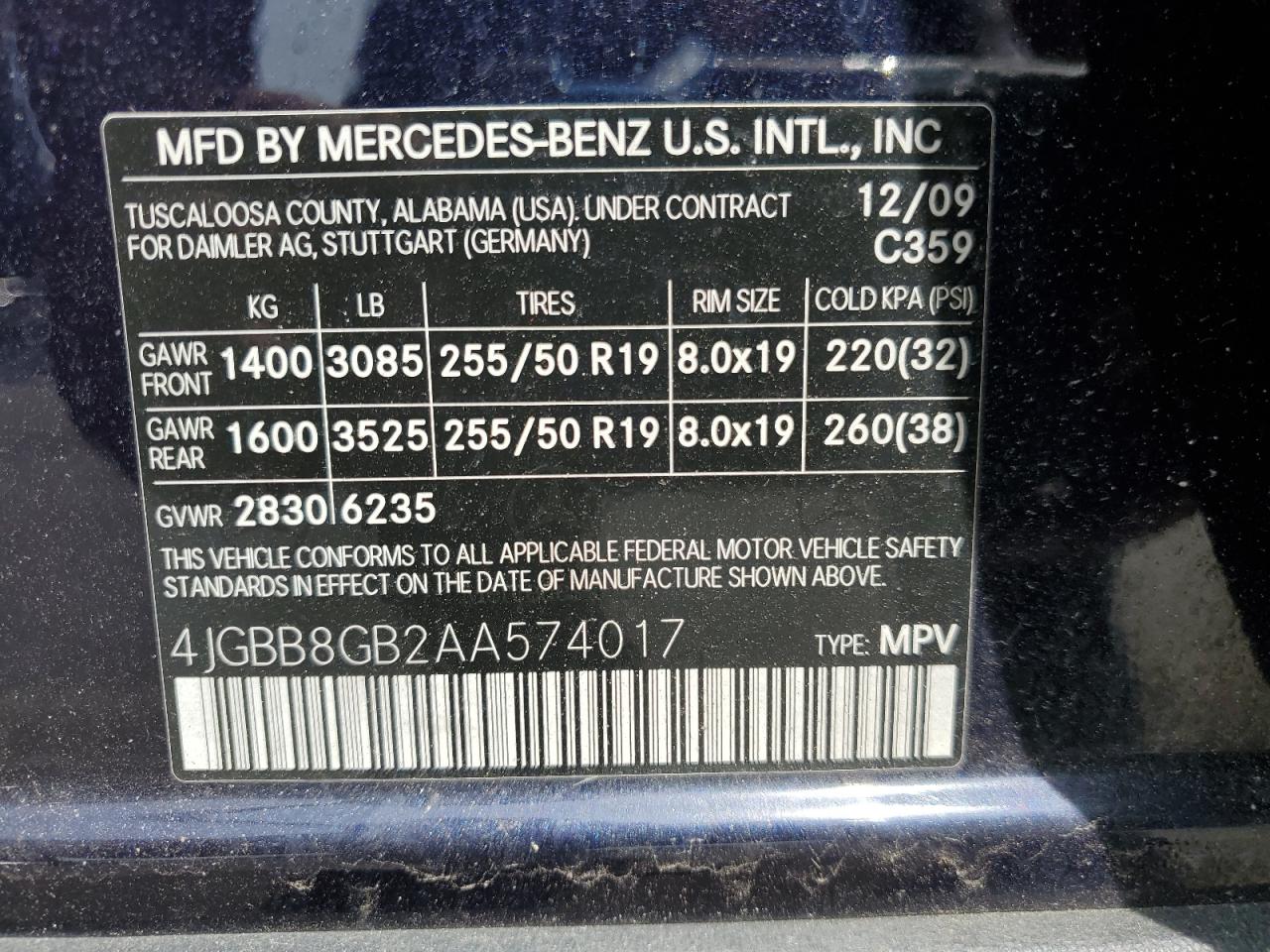 2010 Mercedes-Benz Ml 350 4Matic VIN: 4JGBB8GB2AA574017 Lot: 54769735