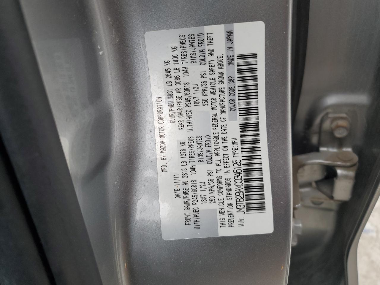 2012 Mazda Cx-9 VIN: JM3TB2BAXC0346125 Lot: 50705485