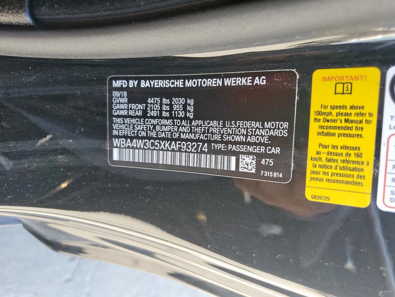 2019 BMW 430I VIN: WBA4W3C5XKAF93274 Lot: 52083715
