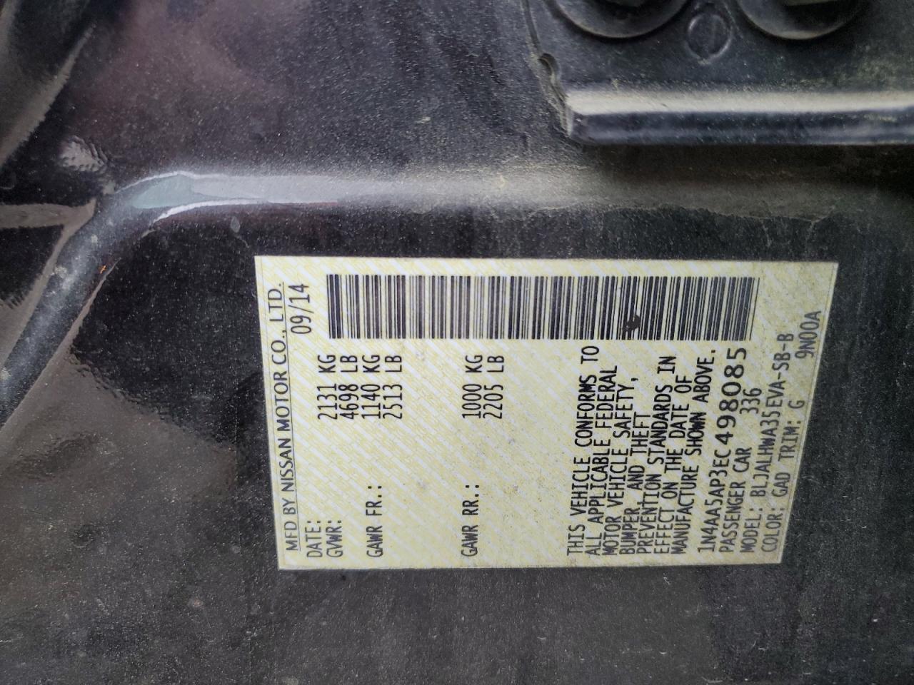 2014 Nissan Maxima S VIN: 1N4AA5AP3EC498085 Lot: 54501085