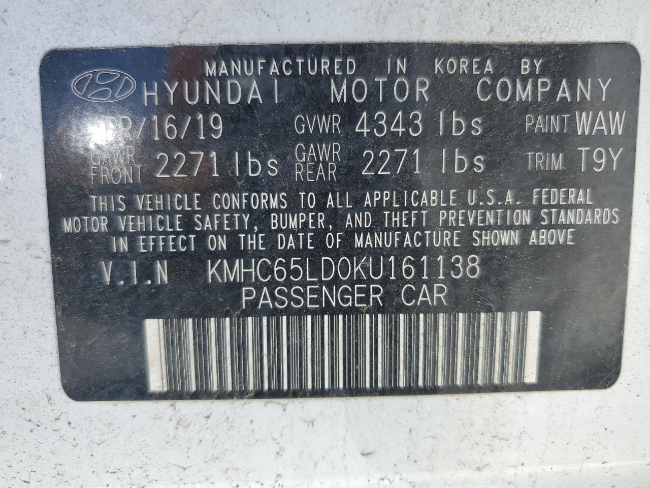 2019 Hyundai Ioniq VIN: KMHC65LD0KU161138 Lot: 51589275