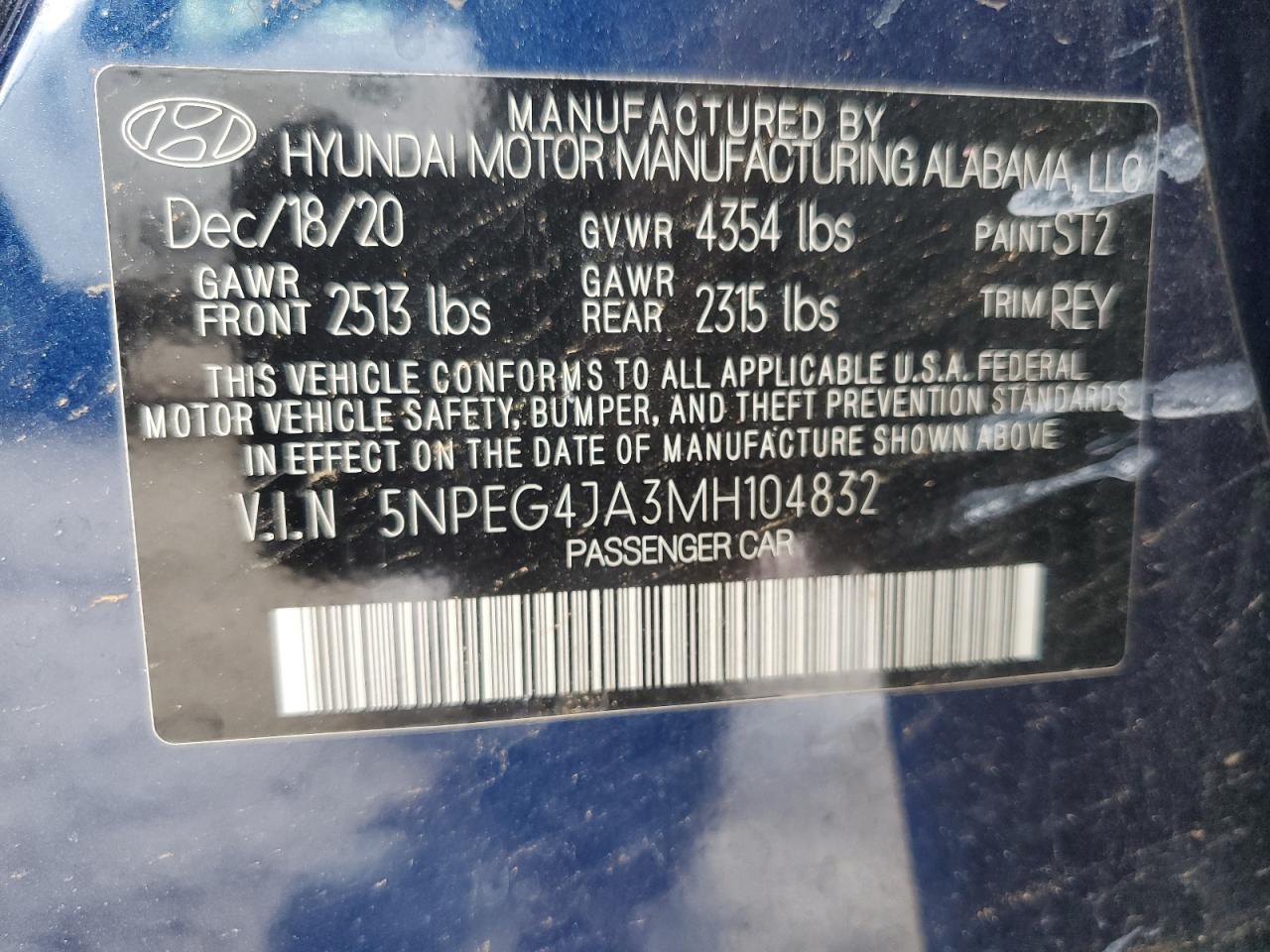 2021 Hyundai Sonata Se VIN: 5NPEG4JA3MH104832 Lot: 54052665