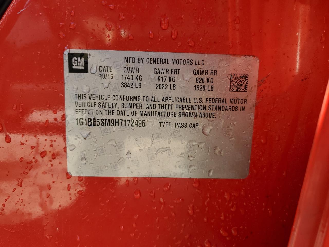 2017 Chevrolet Cruze Lt VIN: 1G1BE5SM9H7172496 Lot: 52498145