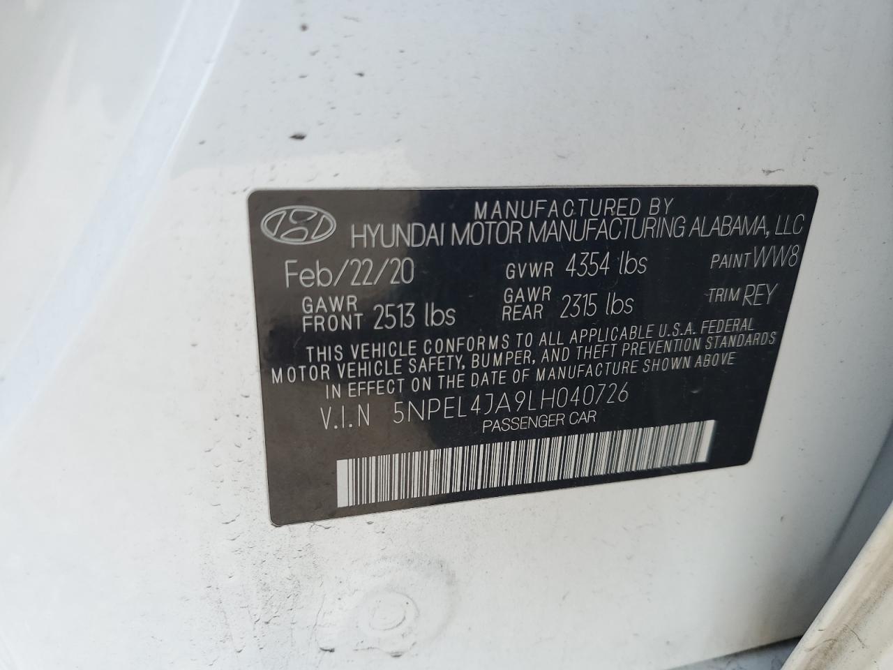 2020 Hyundai Sonata Sel VIN: 5NPEL4JA9LH040726 Lot: 53981245