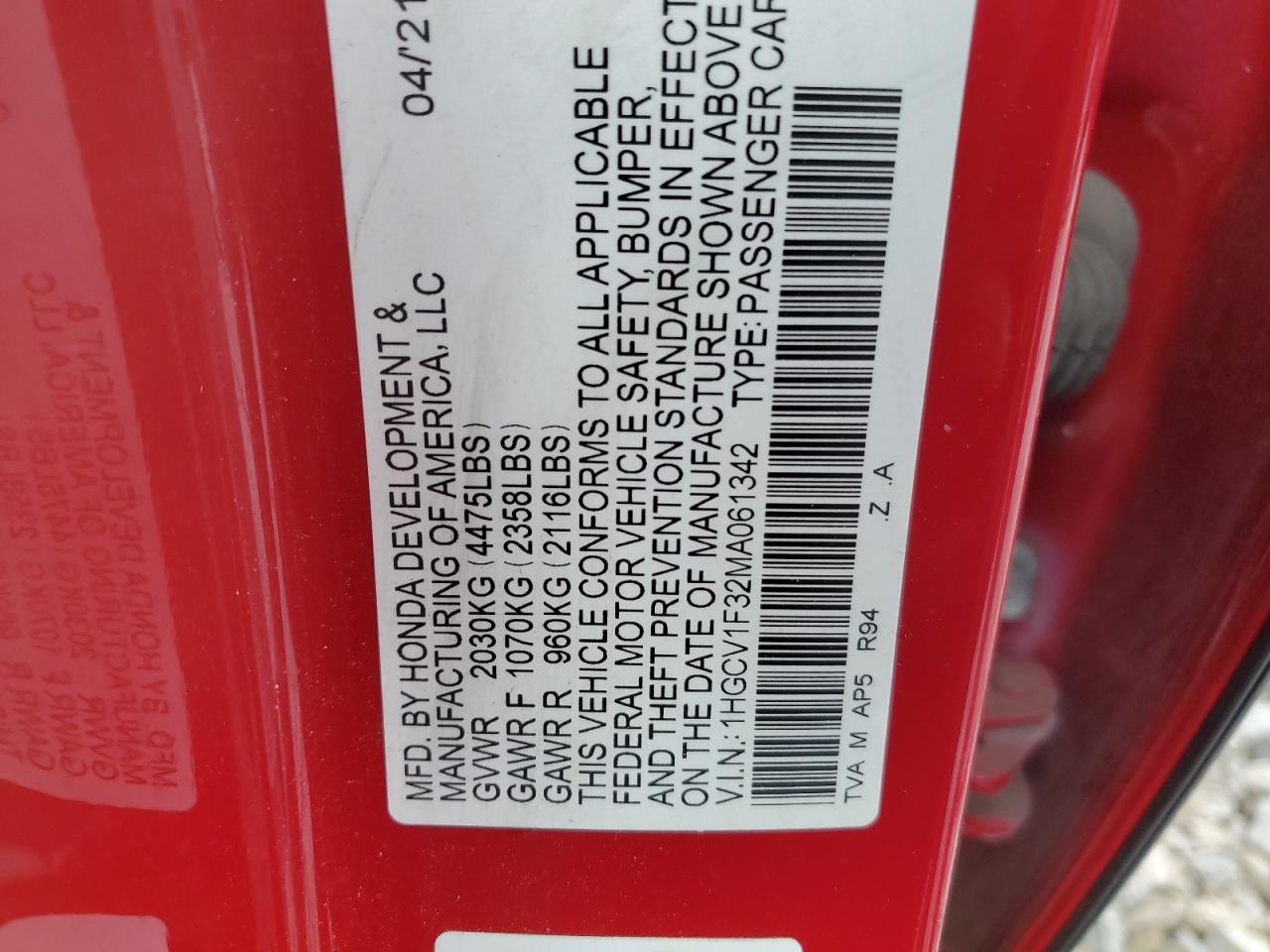 2021 Honda Accord Sport VIN: 1HGCV1F32MA061342 Lot: 52614685