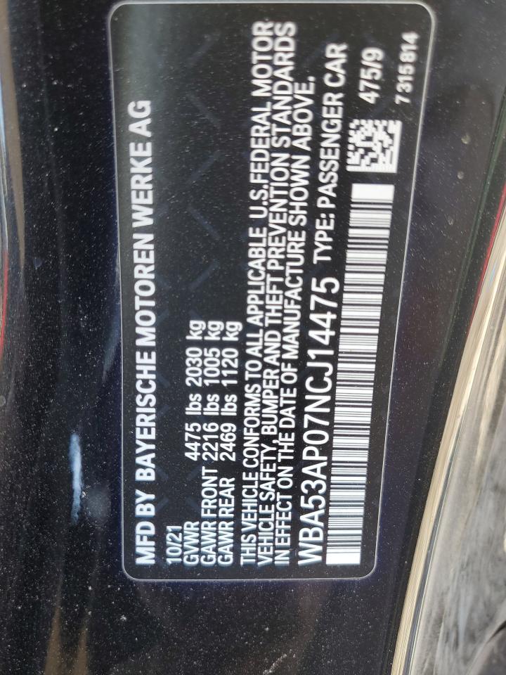 2022 BMW 430I VIN: WBA53AP07NCJ14475 Lot: 53106975